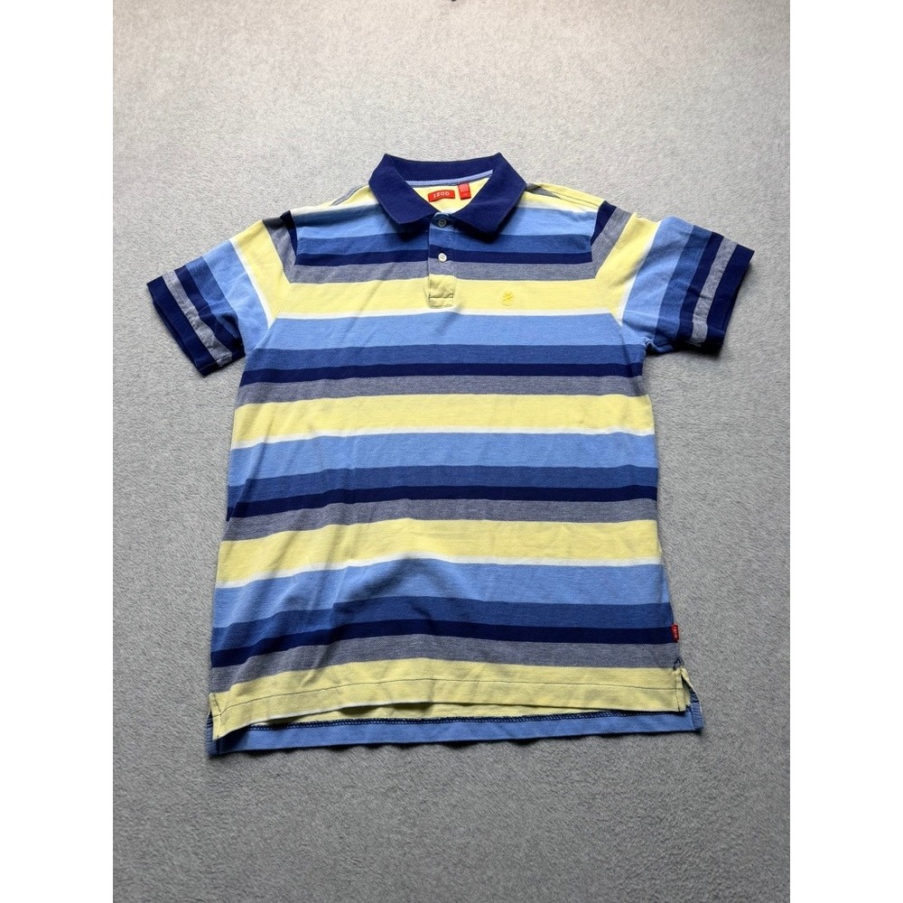 IZOD Mens Polo Shirt Large Blue Yellow Striped Short Sleeve Pique Knit Logo